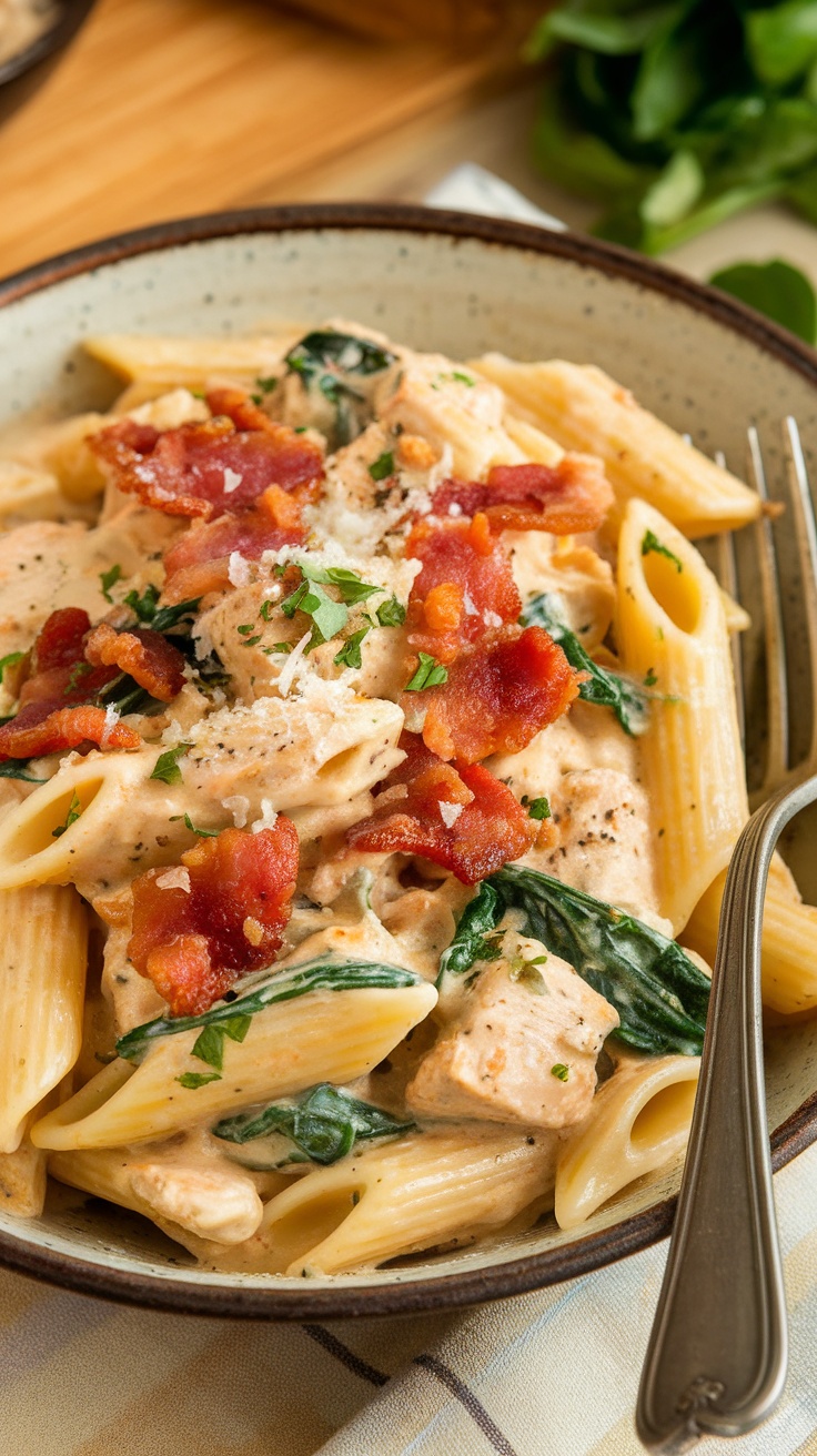 Creamy Chicken Bacon Spinach Pasta A bowl of creamy chicken bacon spinach pasta garnished with Parmesan cheese and parsley, set on a rustic kitchen table.